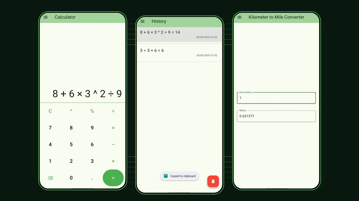 Calculator, calculation history, and kilometre-to-mile converter screens