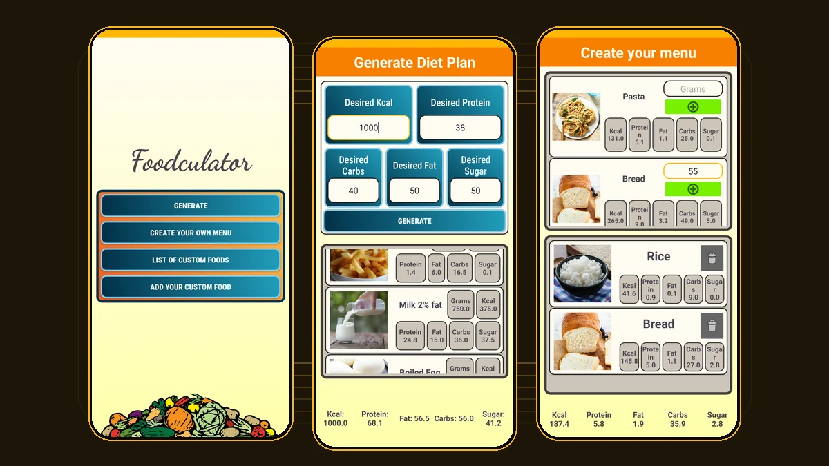 Foodculator home, diet-plan generator, and custom-menu screens
