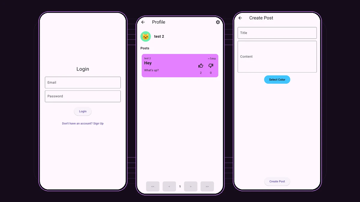 Mobile Forum login, profile, and post-creation screens