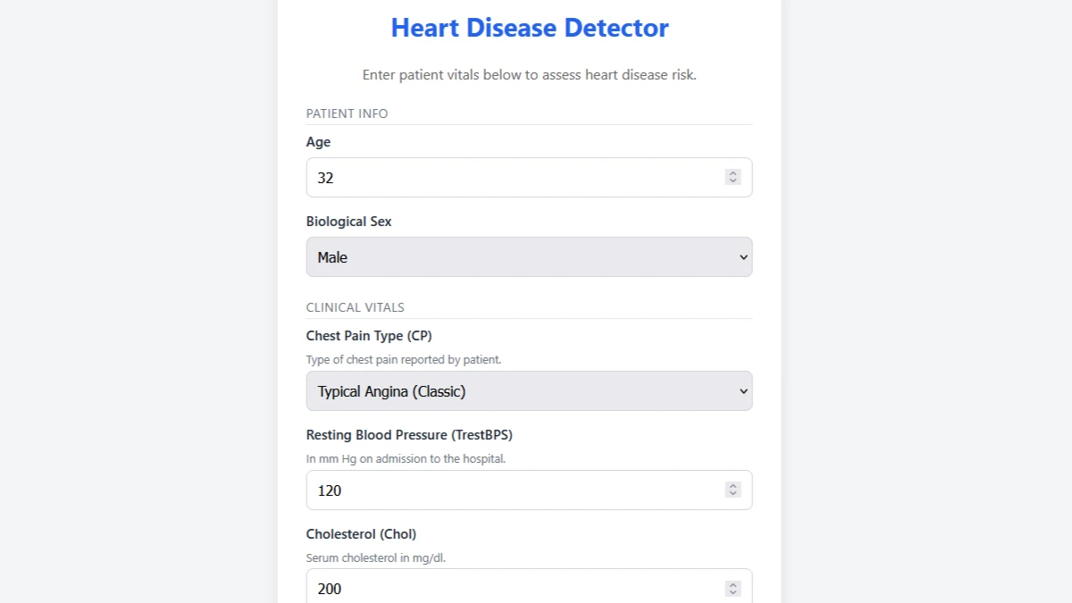 Heart Disease Detector form for entering patient information and clinical vitals