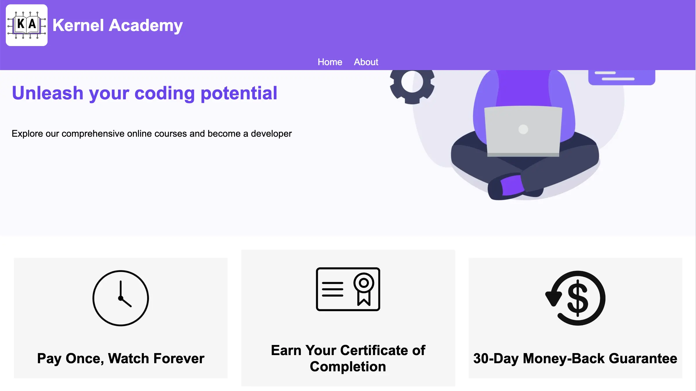 Kernel Academy online education platform homepage and course preview screens