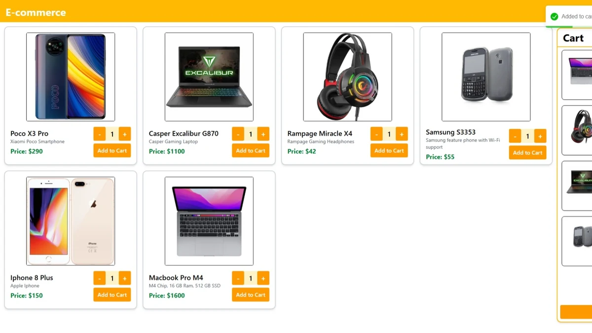 Mock E-commerce product grid with a populated shopping cart