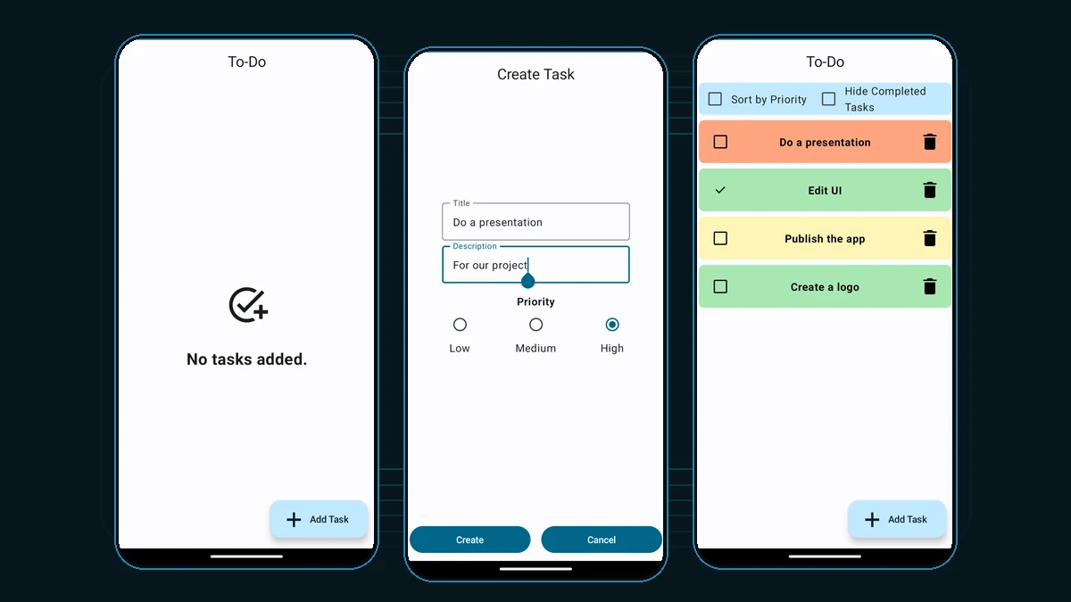 To-Do App empty state, task form, and prioritized task list